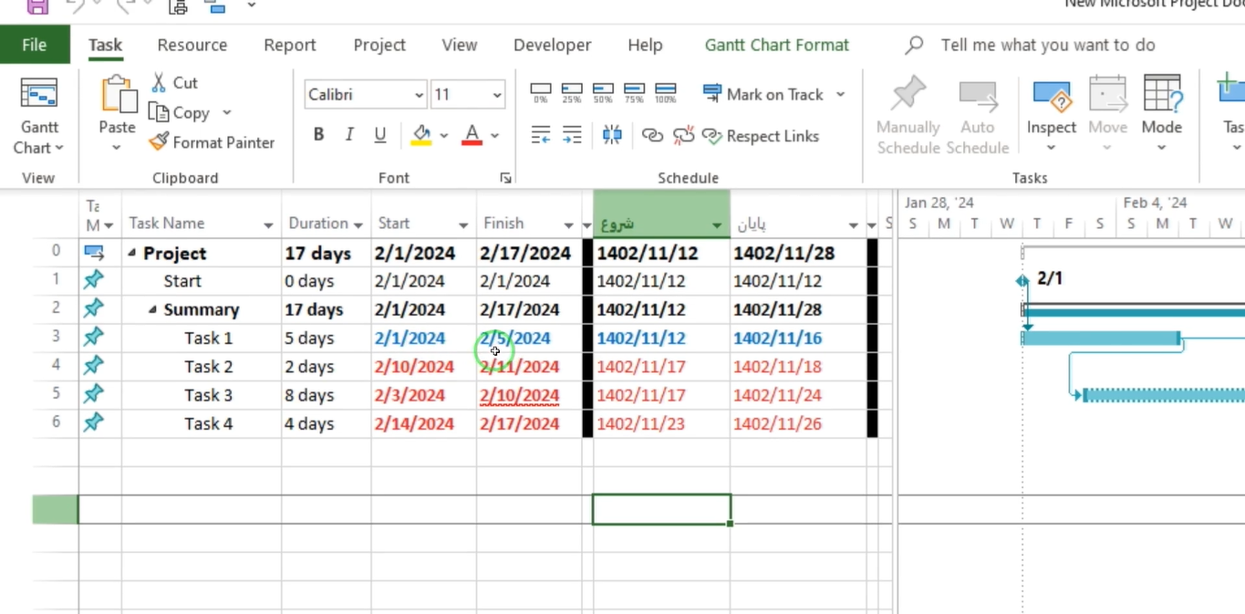 تحلیل ستون‌های Scheduled Start و Scheduled Finish در نرم افزار Microsoft Project